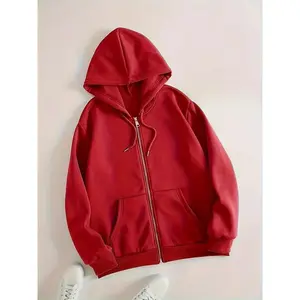 Women's Red Zip-Up Hoodie with Drawstring & Pockets Casual Athletic Long Sleeve Polyester Sweatshirt, Machine Washable