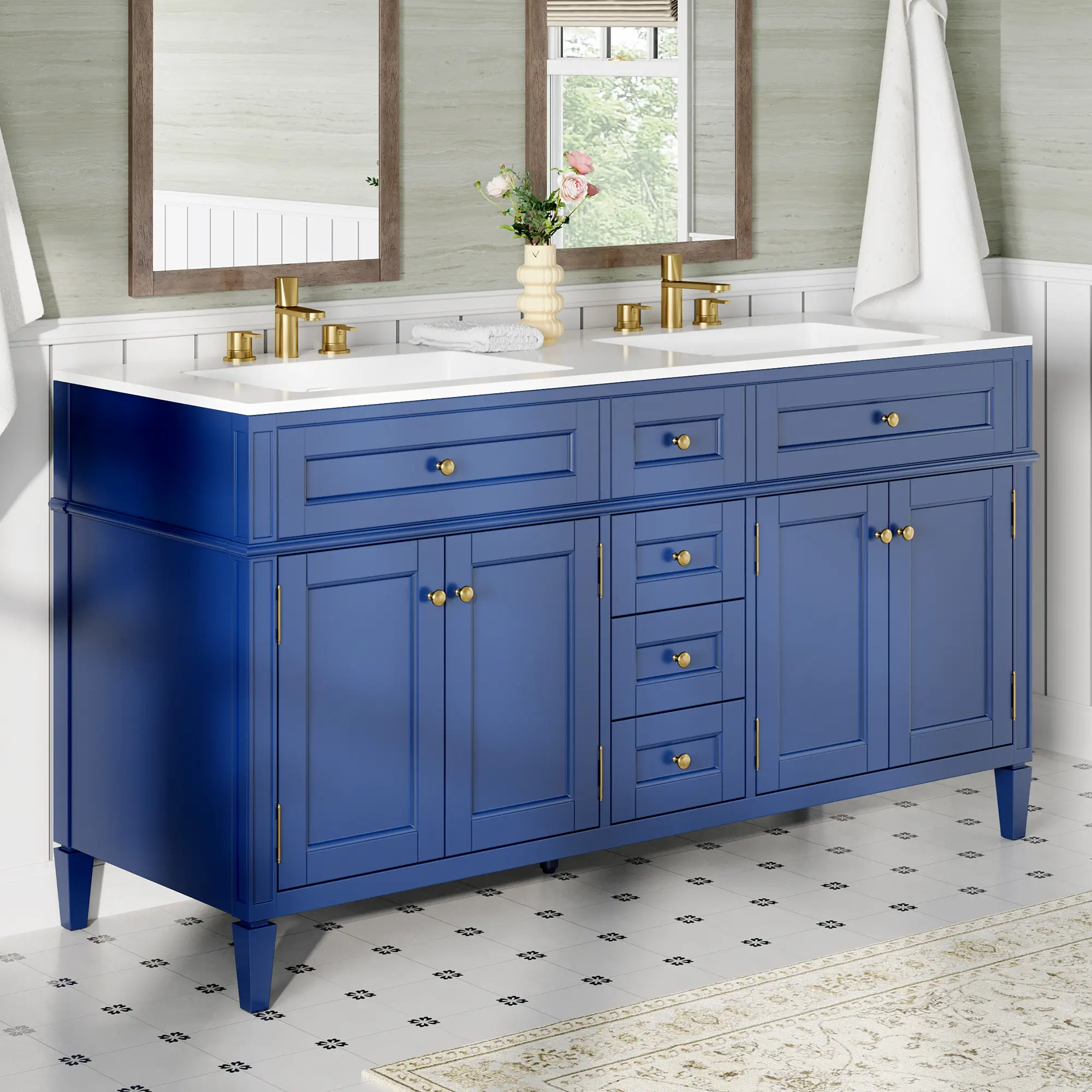 AMERLIFE 60″Bathroom Vanity with Sink Combo, Modern Double Sink Vanity 30-Min Quick Assembly, Solid Wood Vanity Cabinet with 3 Storage Drawers & Adjustable Shelves/Christmas Gifts/Best Gift Ideas/Cozy Home
