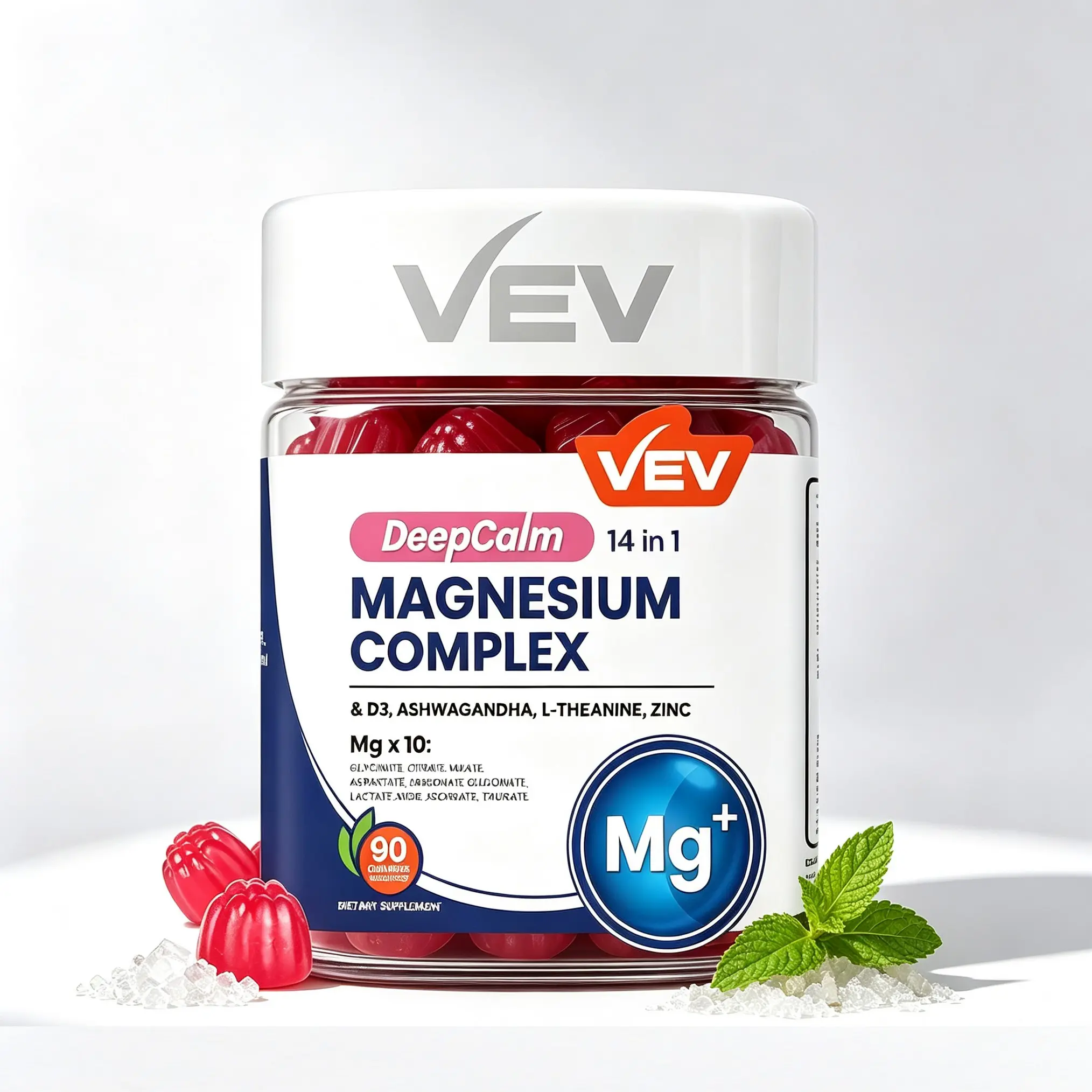 VEV Magnesium Glycinate Complex DeepCalm 14-in-1 Dietary Gummies, Adaptogenic Support with Ashwagandha, L-Theanine, D3, Zinc, Cortisol Balance & Relaxation Chews for Adult Women, No Added Sugar, Vegan, Non-GMO, 90 Count