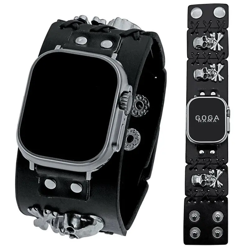 GOGARAMA Skull Pattern Leather Watch Band (Band Only), 1 Count Fashionable Watch Band for Men & Women, Wearable Accessories for Apple Watch Series, Smart Watch Straps, Smartwatch Accessories