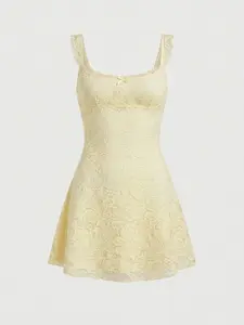 Women's Elegant Ruffle Strap Bow Design Lace Patchwork Sleeveless Slim Fit Mini Dress Party Summer