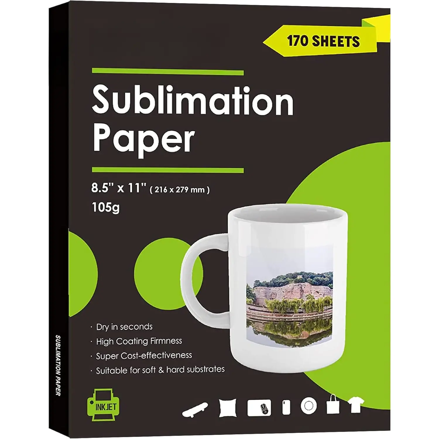 Sublimation Paper 170 Sheets 105g for Heat Transfer Light Fabric, T Shirt, Mug, Tumbler, Compatible with Inkjet Printer with Sublimation Ink