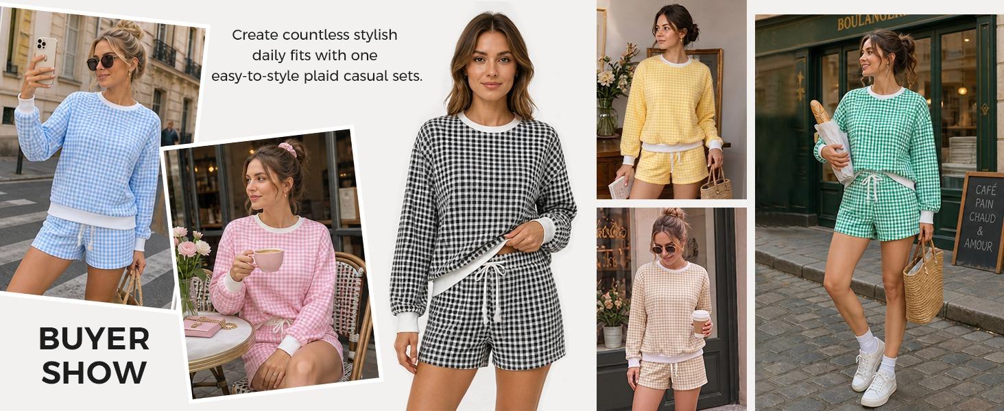 Fisoew Women's 2-Piece Gingham Plaid Loungewear Set - Crew Neck Ribbed Oversized Balloon Sleeve Sweatshirt & Adjustable Drawstring Aesthetic Beach Bottom Shorts, Nightwear