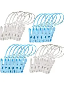 24 Pack ClothesPins with Plastic Rope, Clothesline Drying Clothing Clips for Photo Craft Painting Display, 12 count Blue 12 count White