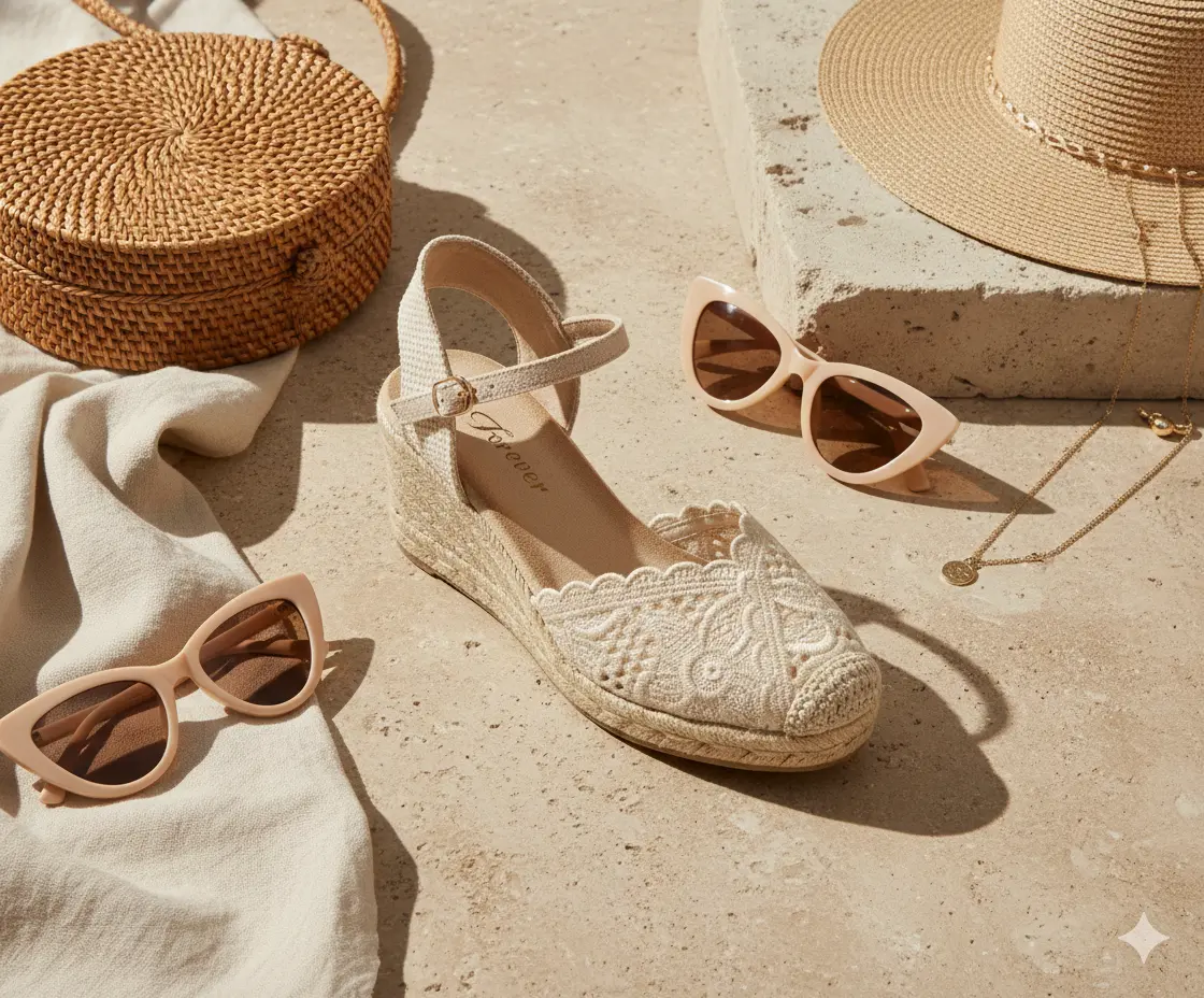 forever corp Isabella Crochet Espadrille Wedge Heels for Women - Sand Beige Decor Lace Buckle Women's Shoe, Classic Footwear, High Heel, Elegant, Heeled, Stylish, Fashion, Fabric, Fashion Apparel