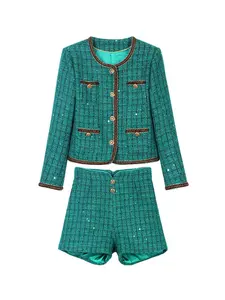 Women's Plaid Print Tweed  Jacket & Shorts Two-piece Set, Elegant Chic Fashion Casual Round Neck  Outwear  & Shorts Set, Ladies Clothes for Spring & Fall