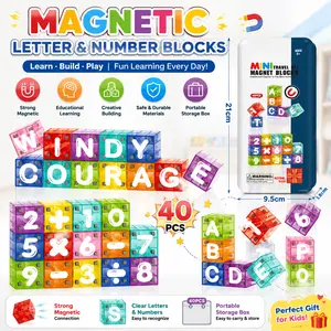 Magnetic Building Blocks STEM Educational Toy, Geometric Magnetic Cube Learning Set with Iron Storage Box, 40 Letters and Numbers – Portable Educational Toy for Children Aged 4-8
