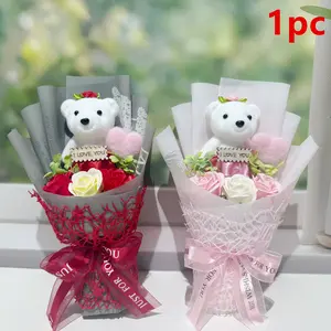 Realistic Bear Rose Bouquet, Handheld Flower Arrangement with Iloveyo Heart, Fragrant, Ideal for Parties, Birthdays, Mother's Day, Valentine's Day, Weddings, Graduations, Gift