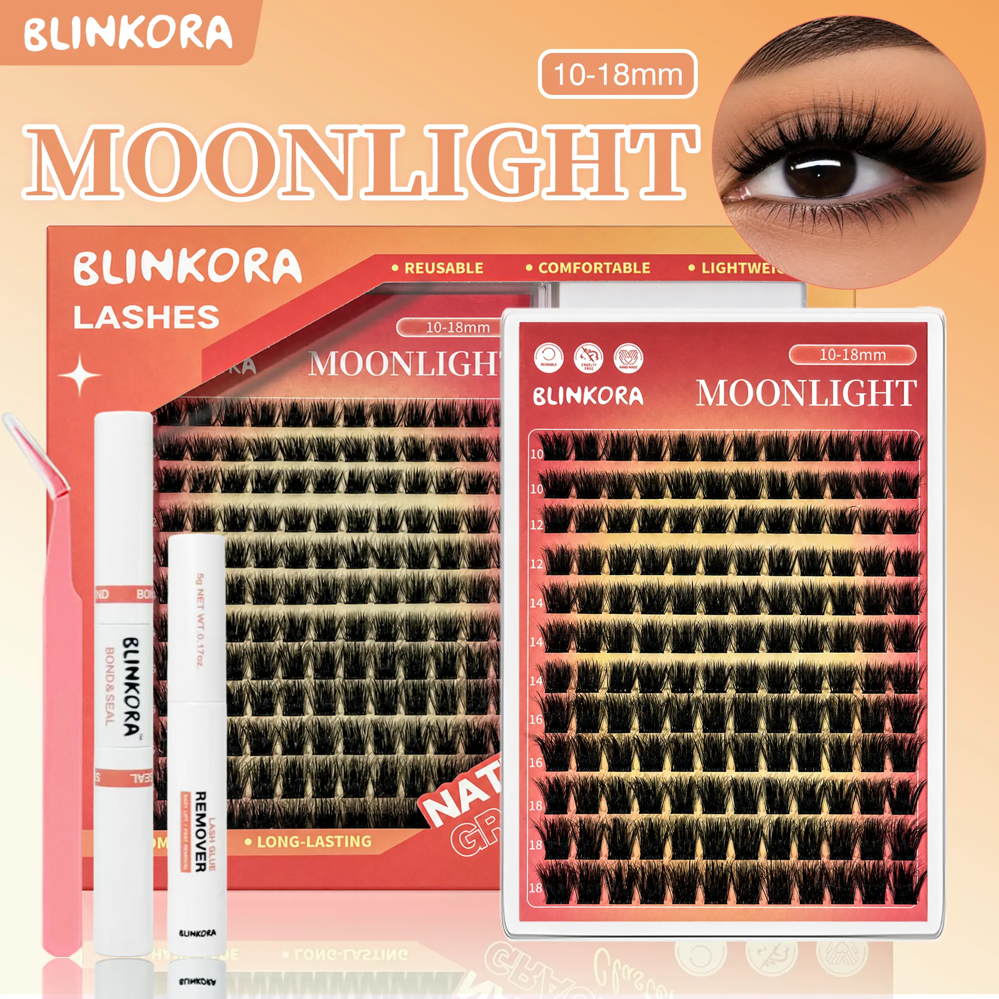 Blinkora Moonlight Lash Cluster Kit - 10-18mm, D Curl DIY Eyelashes Extensions, Fluffy Volume Lashes, Enchantress Lashes, Super Soft, Waterproof, Long-Lasting Cosmetic Kit, Lash Extension,  Ultra Thin Band, Cluster Lashes