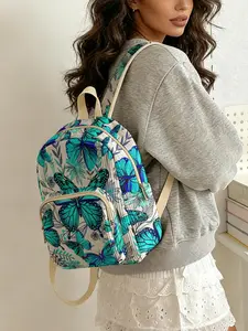 1 piece of blue butterfly floral pattern 2D printed ladies' backpack, corduroy texture + layered storage + light weight reduction | perfect for students going to class/shopping/short trips | combining atmosphere and practicality