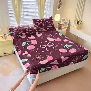 Pink cherry blossom print fitted sheet set, 1 fitted sheet & 2 pillowcases without filler, decorated with various sweet elements, it creates a warm & comforting atmosphere in the bedroom, soft & skin-friendly bedding, an excellent gift choice.