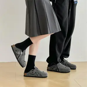 Women's sports slippers bag head slippers flat shoes women's shoes fashion jacket leather splicing men's shoes cork sole one pedal slippers non-slip outsole