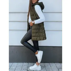 Women’s puffer vest – warm winter hooded long vest in soft solid color — cozy outerwear for cold weather