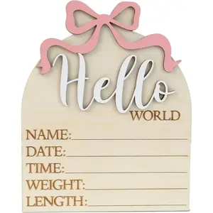 Hello World Wooden Birth Announcement Sign, 6.2 inch Round Nursery Photo Prop, Baby Name Weight Length Date Time Plaque (BB64)