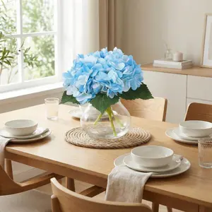 Blue Fake Flowers, Artificial Hydrangea Flowers with Vase & Fake Water, Silk Faux Flower Arrangements for Coffee Table Decor, Bathroom Plant Decor