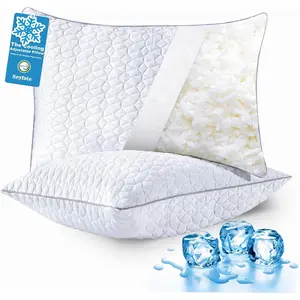 Queen Size Set of 2 Cooling Shredded Memory Foam Pillows Adjustable Firm Cool Bed Pillows for Hot Side Back Stomach Sleepers with Removable Washable Cover 20" x 30" White