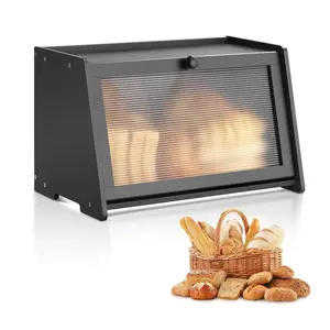 fathersdaygift VEVOR Bread Box for Kitchen Counter, Large Capacity Bamboo Bread Storage Container, Farmhouse Wooden Breadbox Organizer for Homemade Bread, Storage Holder Bin with Acrylic Wavy Door Panel, Black