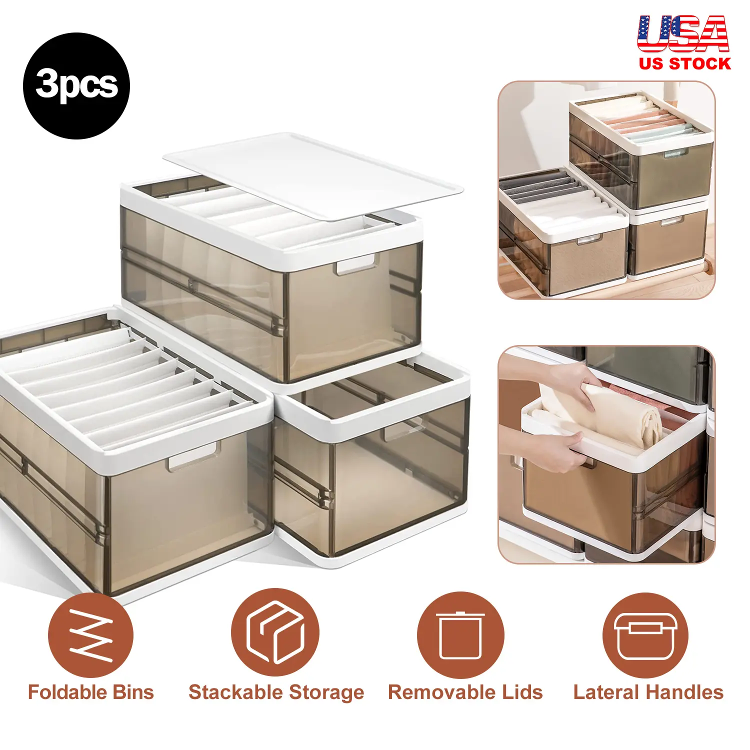 3 Pack Foldable Storage Bins with Lids, Stackable Plastic Closet Organizers with Dividers & Handles, Collapsible Drawer Storage Containers for Toys Clothes Bedroom Organization -- pantry baby container space