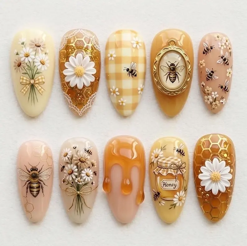 Cottagecore Honey Bee Press On Nails 3D Dripping Honey Ar Vintage Bee Cameo Set