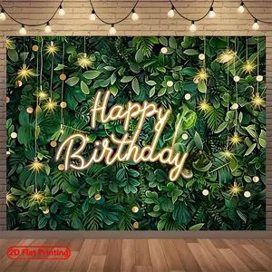 2D Flat Green Grass Wall Happy Birthday Backdrop, Polyester Themed Photo Booth Prop, Aesthetic Decor for Wedding Birthday Anniversary Christmas New Year Valentine's Day, Party Banner
