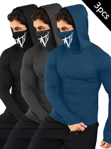 Men's 3pcs Balaclava Hoodie Set, Long Sleeve Compression Face Cover Hooded Shirts, Multiple Colors Available Activewear for Workout, Outdoor Activities & Daily Leisure Gym Sport Hoodies