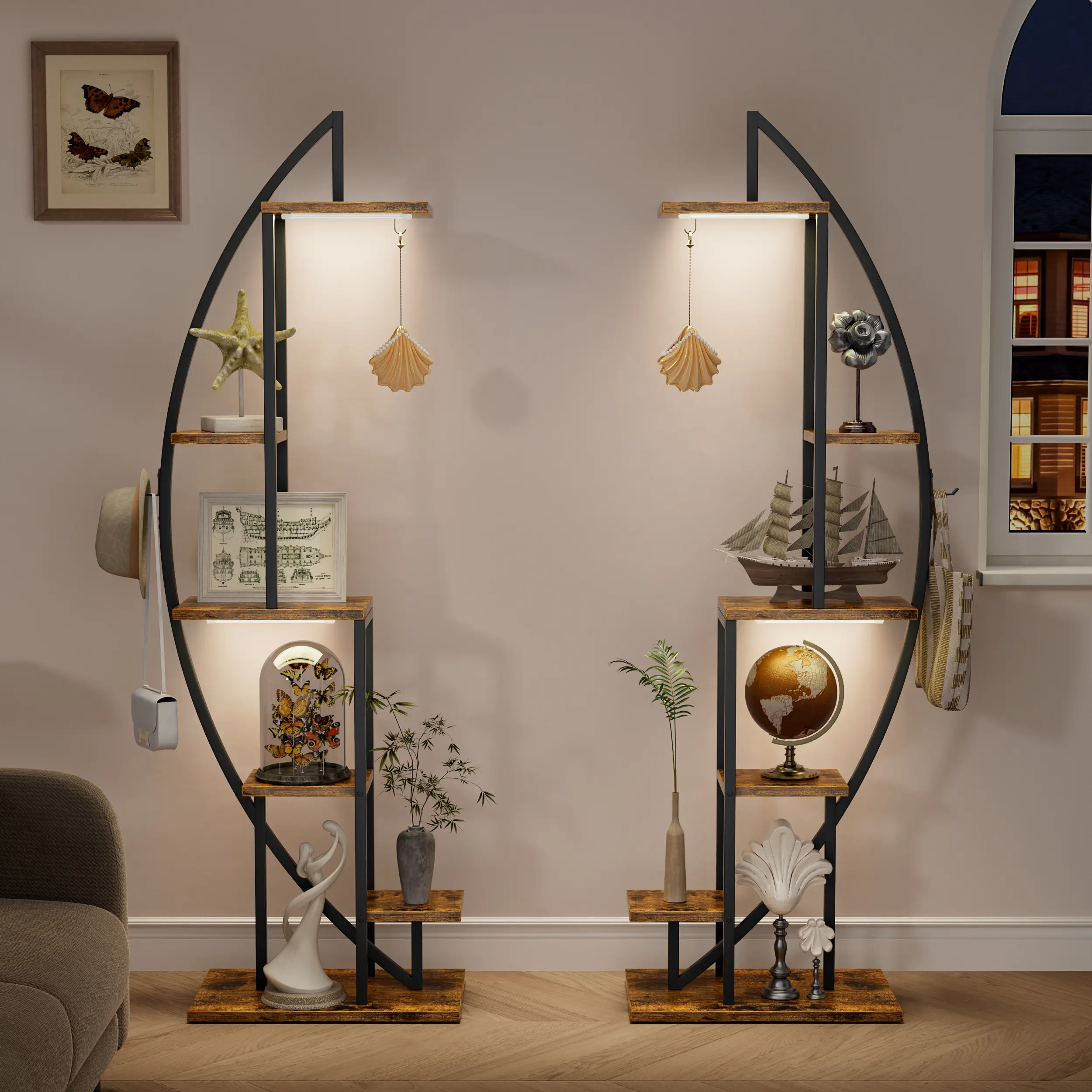 2 Packs Storage Shelf with LED Lights, 6 Tiered Tall Storage Rack, 63" Metal Storage Stand for Multiple Items, Half-Moon Display Shelf Holder for Living Room, Patio