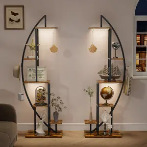 2 Packs Storage Shelf with LED Lights, 6 Tiered Tall Storage Rack, 63" Metal Storage Stand for Multiple Items, Half-Moon Display Shelf Holder for Living Room, Patio