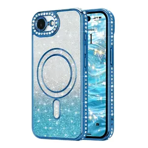 Magnetic Glitter for iPhone 17Air 16 15 Plus 14 13 12 11 Pro Max SE Case Sparkle Diamond Rhinestone Camera Lens Protector Slim Shockproof Cover