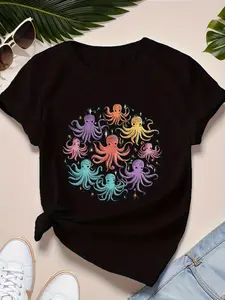 Women's T-shirt with multi-color octopus and marine creature prints - casual short sleeved round neck top, comfortable all year round, suitable for beach wear, casual wear, and ocean themed activities