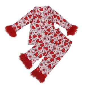 Valentine's Day Hearts Print Long Sleeve Feather Girls Pajamas