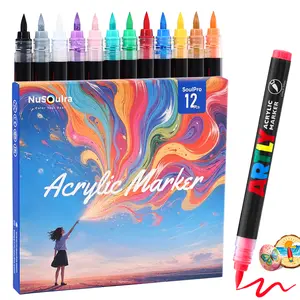 Acrylic Paint Markers 12 Colors - Automatic Ink Control System, Waterproof & Quick-Dry Paint Pens for Rock, Ceramic, Wood, Glass Canvas Painting, DIY Craft Kits
