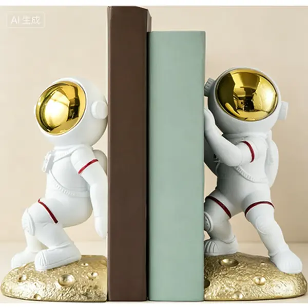 Astronaut and Moon Bookends for Kids, Space Theme Book Stoppers for Shelves, Heavy Duty Decorative Bookends for Boys and Girls, Unique Planet Bookend Gift for Children's Room, Gold Finish
