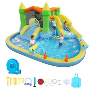 VEVOR Inflatable Bounce House, 12.5x 13.1x 6.5 ft Inflatable Bounce House Water Slide, Bouncer Castle with Castle Bounces, Basketball Hoop, Splash Pool Water Ring Toss, for 3 to 4 Kids Ages 3 to 8