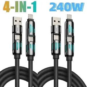 240W 4 in 1 USB-C Cable PD 5A Super Fast Charging Data Sync, With USB A, Type C, Lightning, Aluminum Alloy Design, 2M Silicone Wire, Compatible with iPhone iPad Samsung Xiaomi