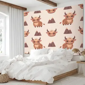 Highland Cow Mountain Print Tapestry, Kawaii Wall Hanging, Adorable Farm Animal Wall Blanket, Rustic Nature Backdrop Decor for Kids & Bedroom & Living Room