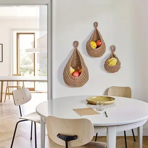 Boho Style Wall Hanging Fruit Basket, 3 Counts/set Handmade Woven Fruit & Vegetable Basket with Drawstring, Kitchen Storage Basket for Home Dining Room, Organiser