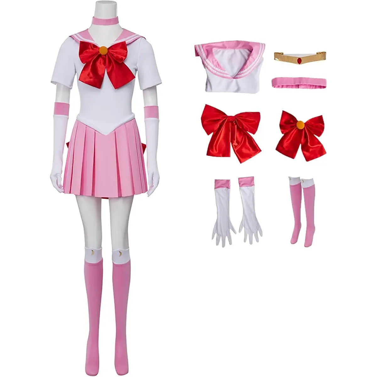 Women‘s Chibiusa Inspired Pink Sailor Combat Uniform Dress Set with Accessories for Themed Events