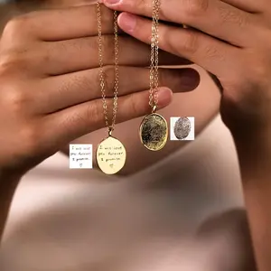 AS191 Personalized Custom Fingerprint and Text Oval Pendant Stainless Steel Necklace Birthday Gift for Men and Women