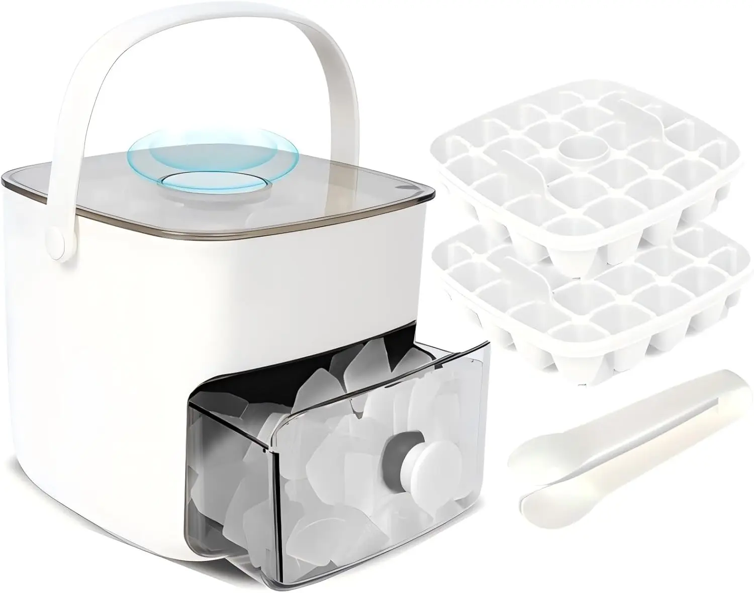 Plastic Ice Cube Trays with Bin and Scoop for Freezer, 2 Pack Easy-Release Sturdy Ice Tray with Lid, Stackable Ice Maker Set for Whiskey, Cocktails, Iced Coffee, BPA Free, White