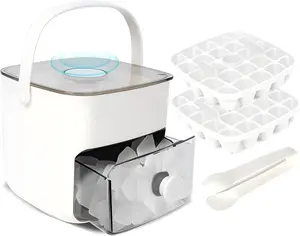 Plastic Ice Cube Trays with Bin and Scoop for Freezer, 2 Pack Easy-Release Sturdy Ice Tray with Lid, Stackable Ice Maker Set for Whiskey, Cocktails, Iced Coffee, BPA Free, White