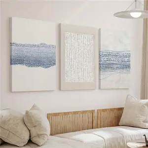 3-piece set of blue and white abstract wooden framed high-definition printed canvas paintings, wall decorations, suitable for living room and bedroom home décor, minimalist style, sophisticated aesthetics, ready to hang and use.