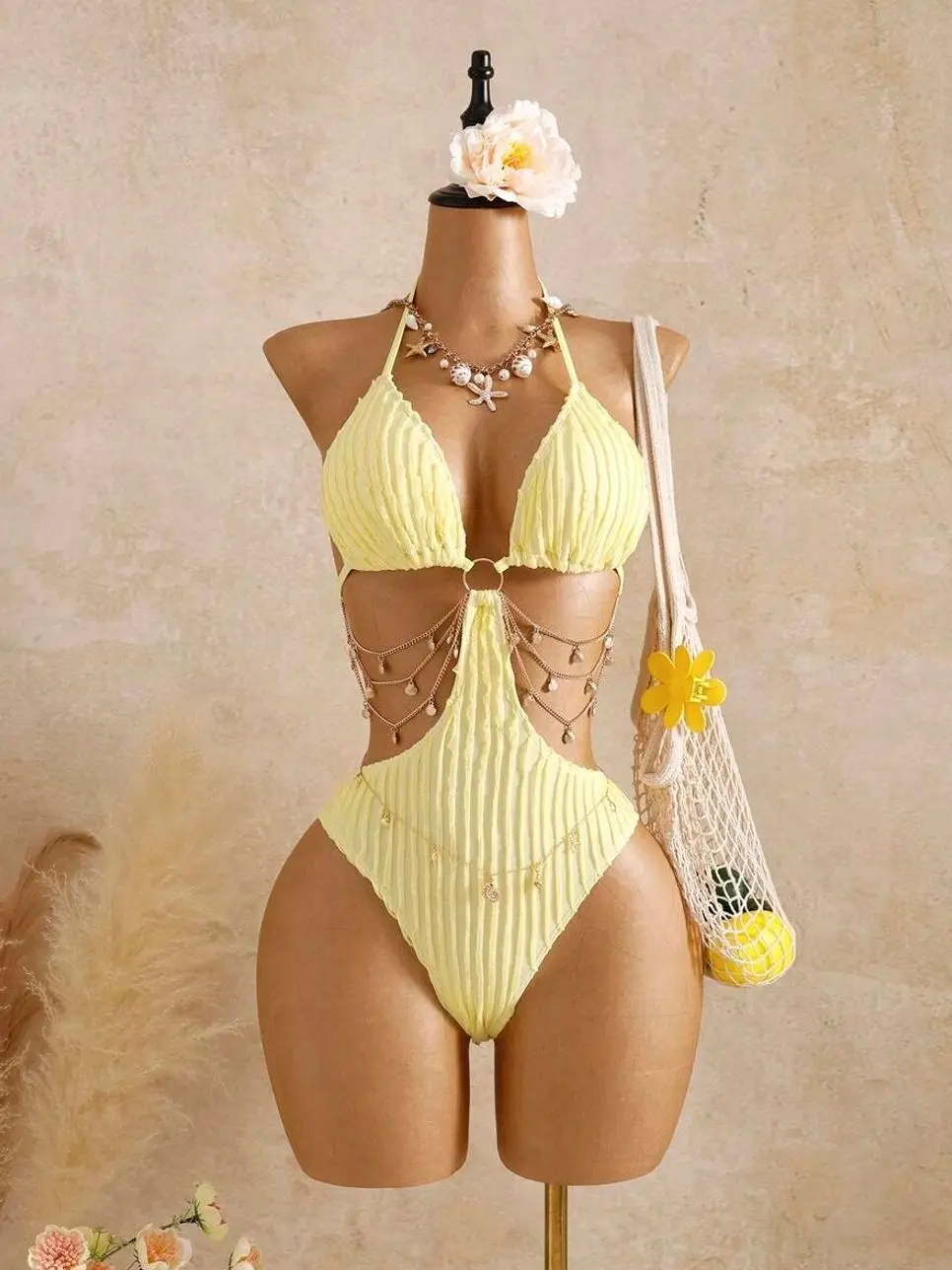 Bellisia Pastel Yellow Textured Jacquard Cutout Monokini | O-Ring Halter Swimsuit with Shell Body Chain | Sexy Beach Resort Wear