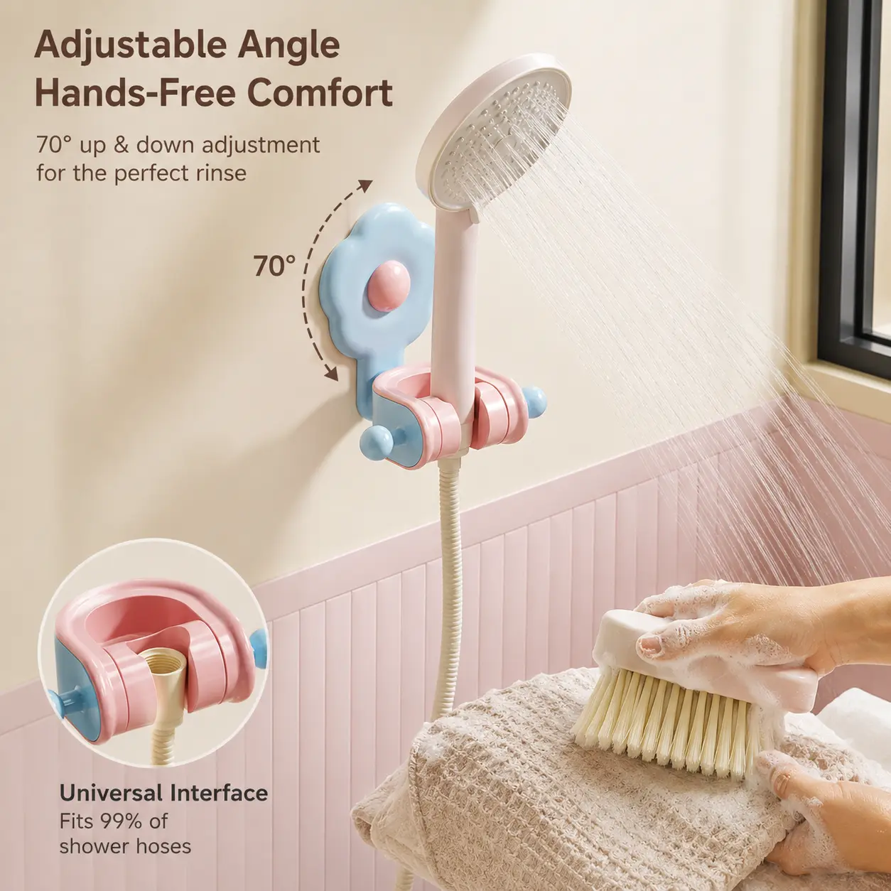 ABS Shower Head Holder - 1 Count, No Drill, 70-Degree Adjustment, Waterproof Wall Mount Bracket, Easy Install for Showers & Nozzles, Handheld Support for Bathroom Cleaning Shoes & Washing Hair