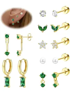 Mysterious 7 Pairs Golden Hypoallergenic Flat Back Earrings Elegant Green Zirconia Surgical Stainless Steel Copper Earrings for Women Men for Sensitive Ears Flat Back Stud Earrings Stud Hoop Cartilage Earring Set for Multiple Piercing