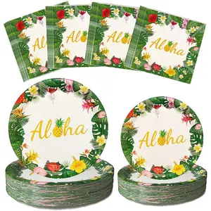 150 Pcs Tropical Luau Party Supplies Set Hawaiian Paper Napkins Plates Disposable Tropical Palm Leaf Plates and Party Napkins for Summer BBQ, Pool and Beach Aloha Birthday Decorations