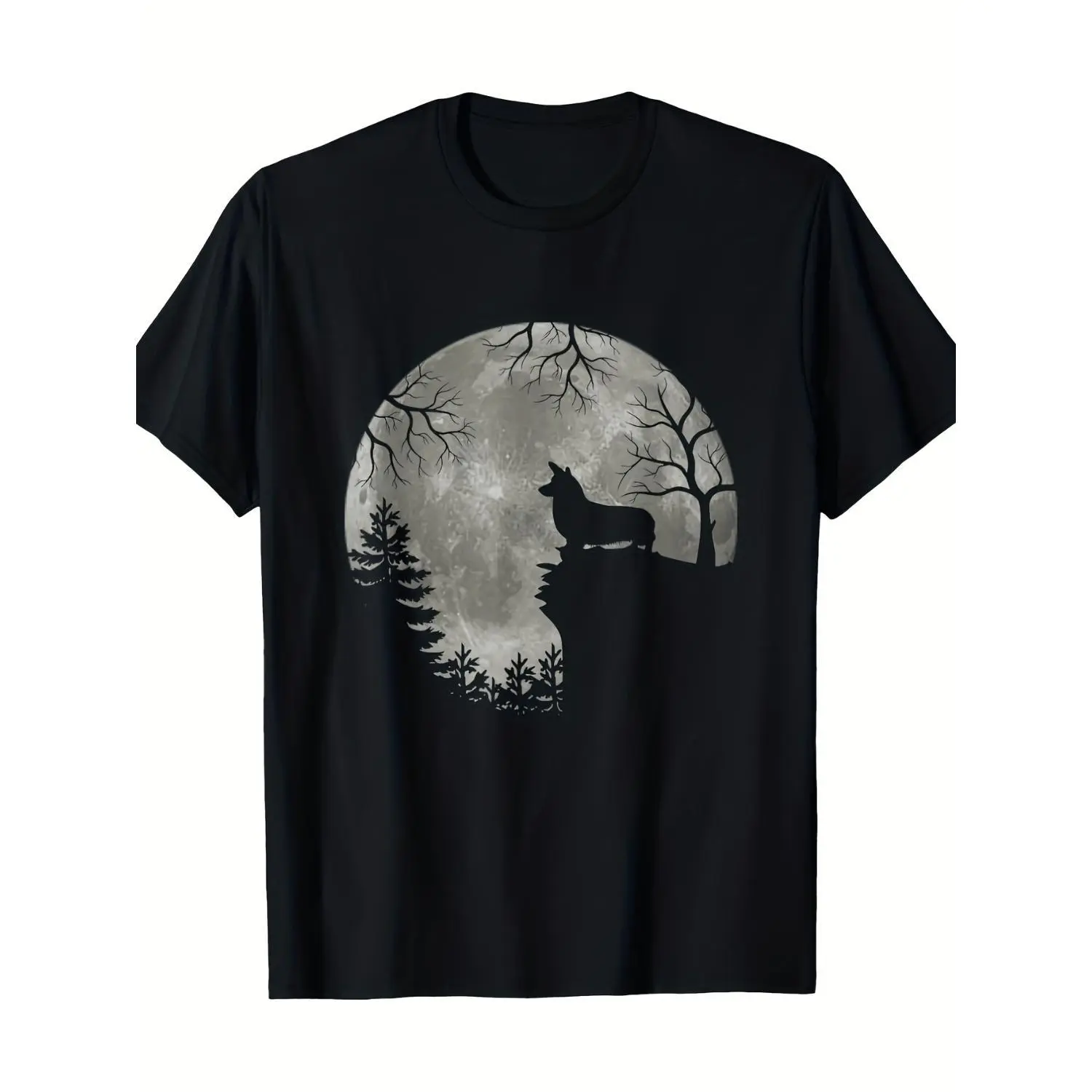 Women's Howling Corgi Graphic T-Shirt, Casual 220GSM Cotton Shortsleeve Crew Neck Top, Breathable Relaxed Fit for Halloween