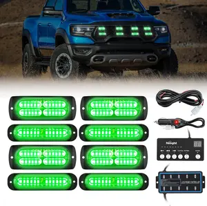 Nilight 8PCS Led Strobe Lights with Controller 12V 24V Sync Feature Green Strobe Light 12 24 LED Surface Mount Hazard Warning Lights with Strobe Controller for Vehicle Car Truck RV ATV