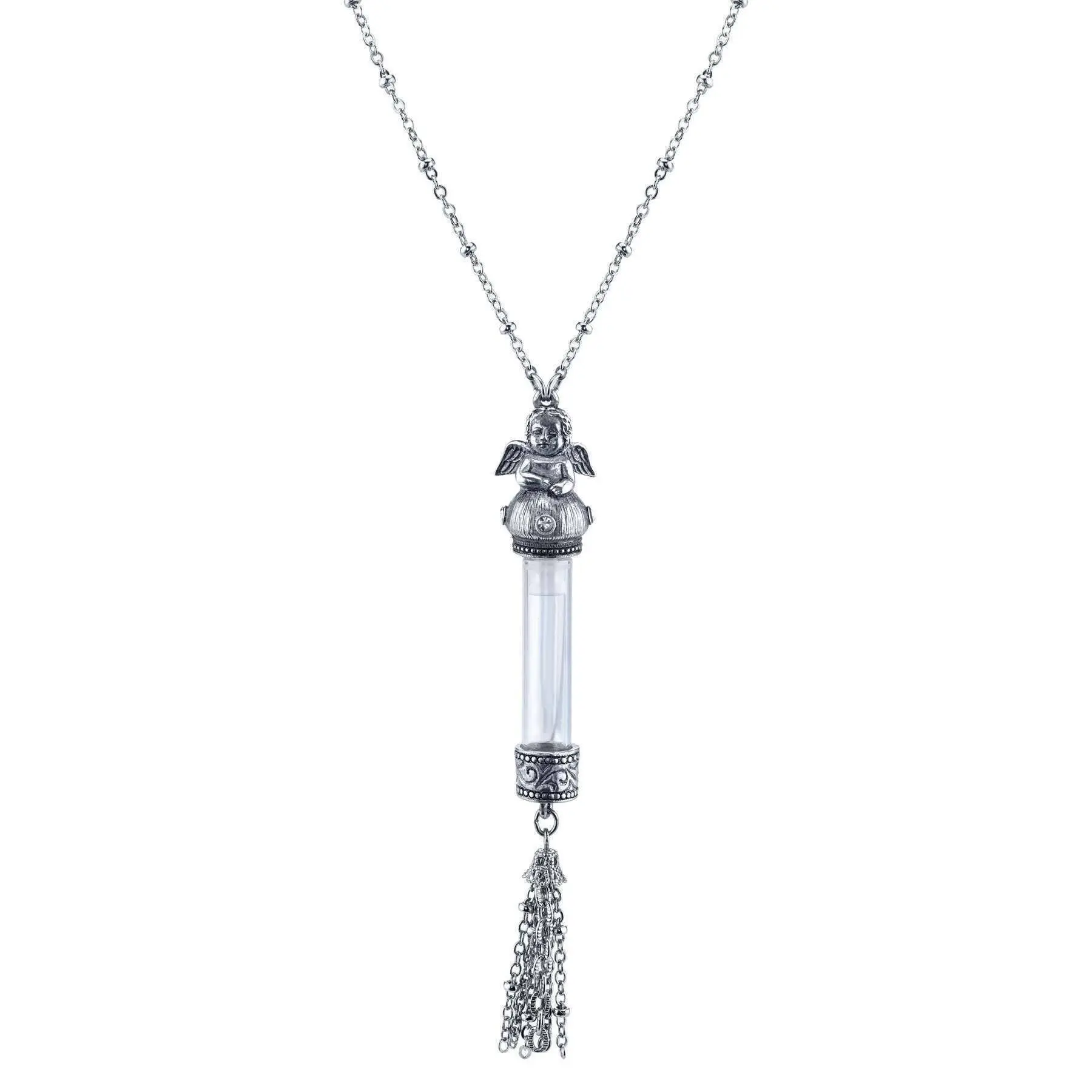 1928 Jewelry Antiqued Wing Cherub Angel Clear Crystal Glass Vial Tassel Necklace 30"