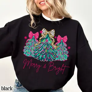 [New Collection For Christmas] Christmas Sweatshirt Merry & Bright Xmas Tree Sweater Pink Holiday Festive Bow Lights Pullover Cute Jolly Tee Merry Christmas Mom Crewneck
