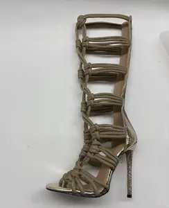 Custom Made Women Rope Knot Knee High Gladiator Stiletto Sandals Metallic Snake Print Open Toe Strappy High Heels Slim Leg Thin Heel Back Zipper Comfort Insole Trendy Party Footwear For Club Date Wedding Guest Fashion Ladies